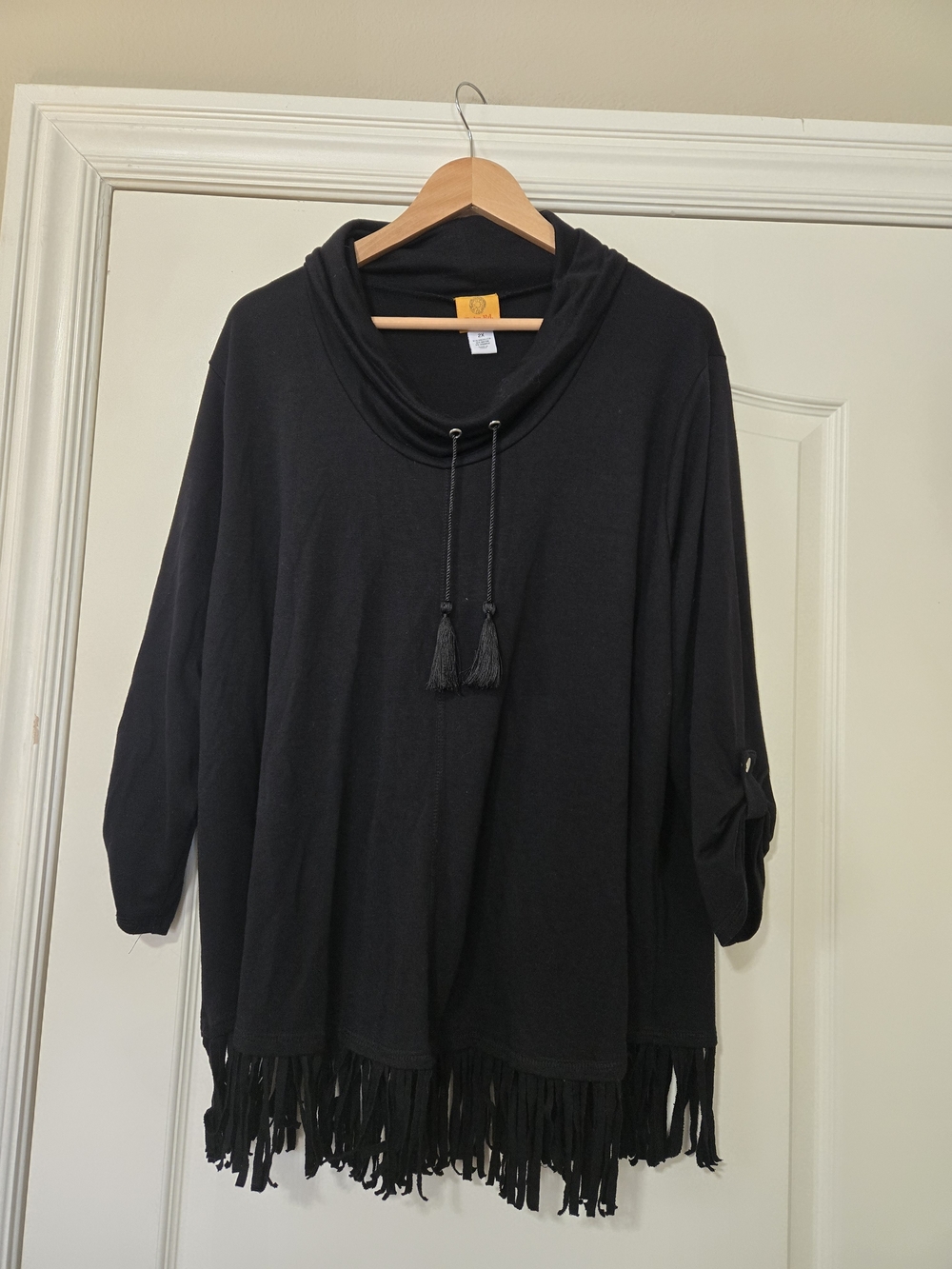 Ruby Rd. Black Cowl Neck Sweater with Fringe Flowy Casual Comfy